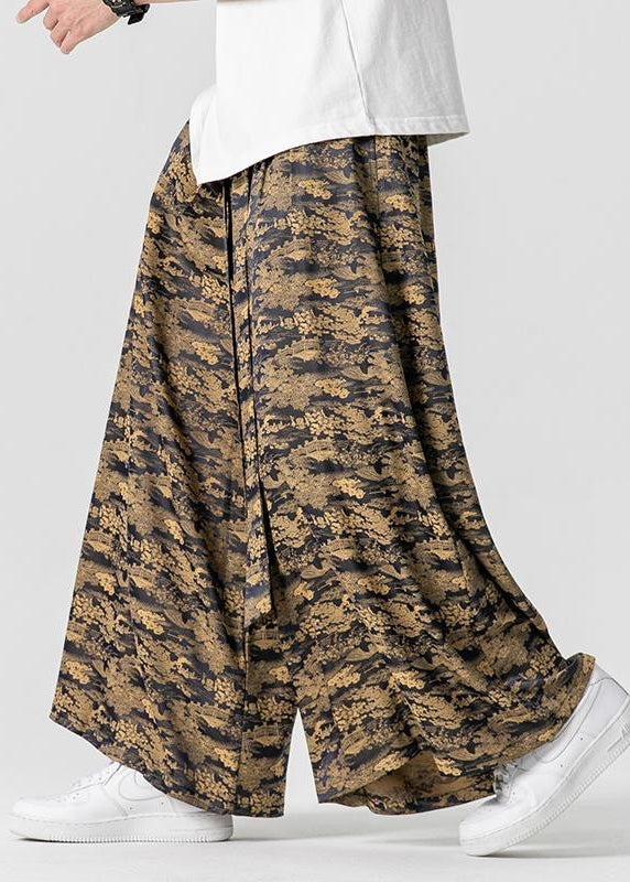 Cool Brown Pockets Print Ice Silk Mens Wide Leg Pants Summer