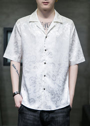 Cool Grey Peter Pan Collar Jacquard Silk Men Shirts Summer