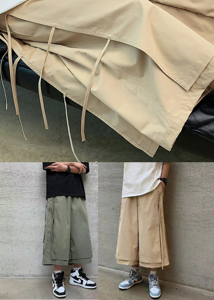 Cool Khaki Pockets Tassel Patchwork Fake Two Pieces Mens Crop Pants