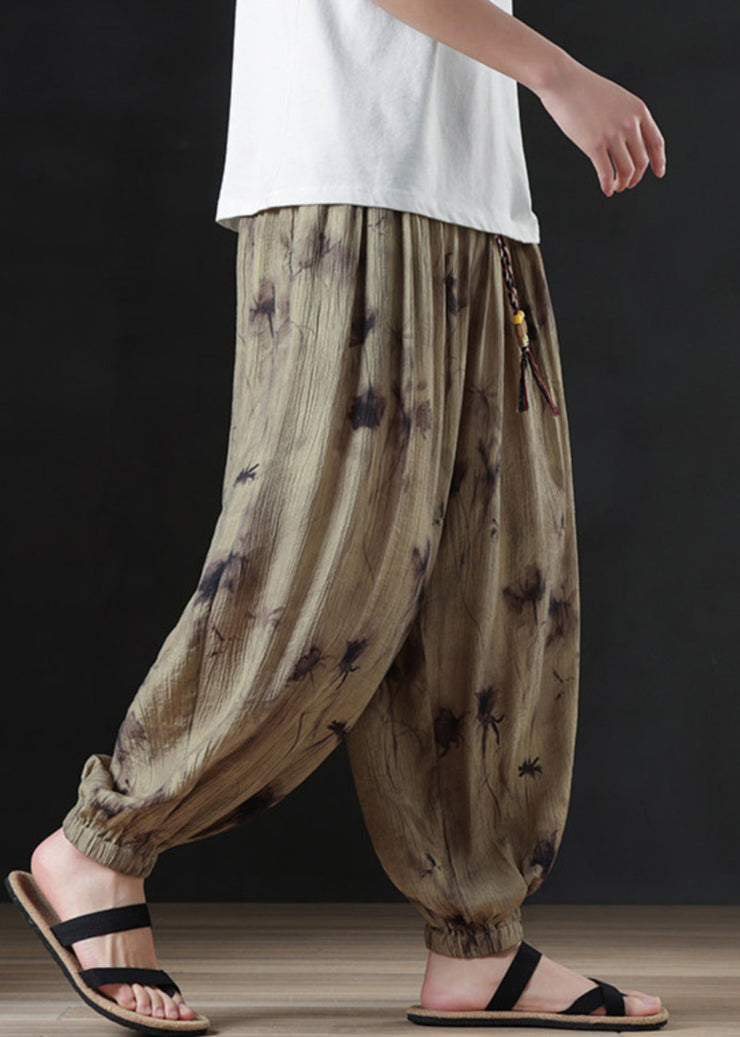 Cool Khaki Print Pockets Cotton Men Beam Pants Summer