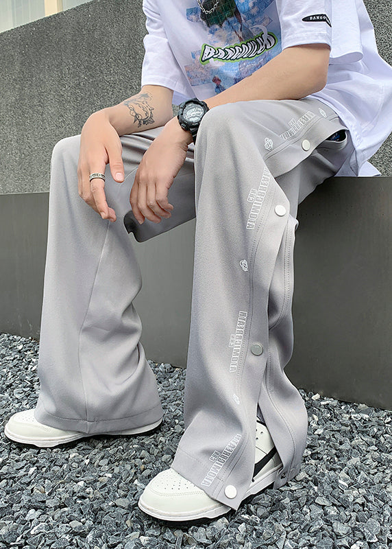 Cool Light Grey Pockets Side Open Cotton Men Pants Casual Clothing Summer