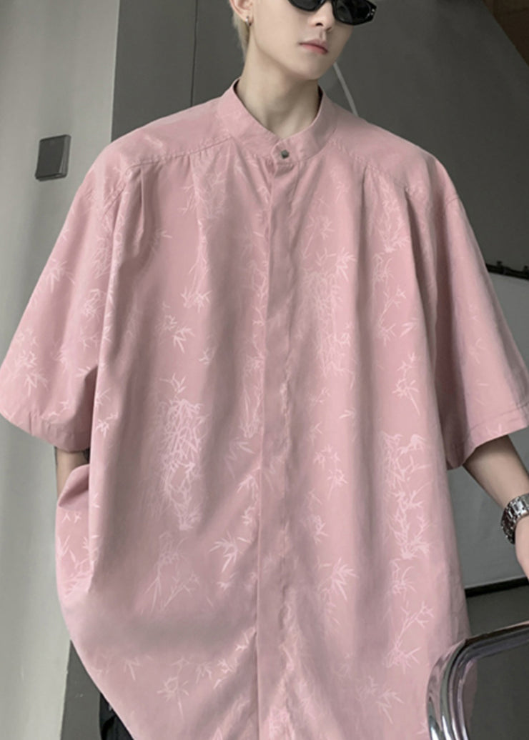 Cool Pink Button Print Ice Silk Mens Shirts Half Sleeve