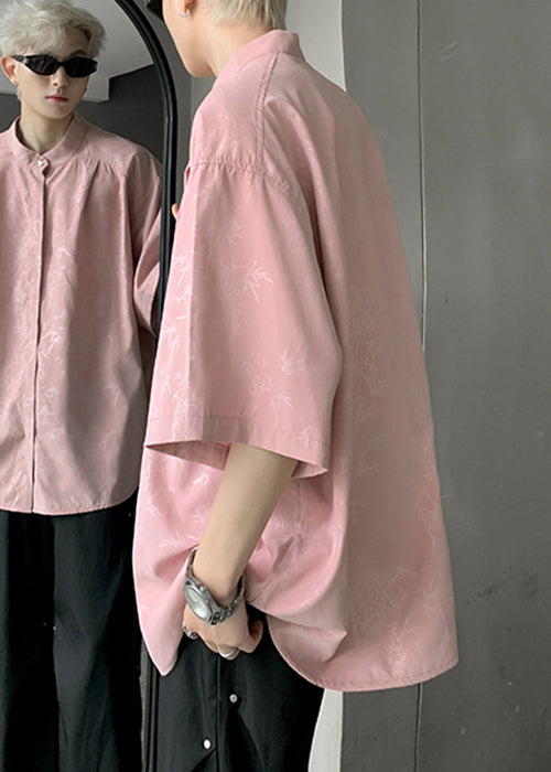 Cool Pink Button Print Ice Silk Mens Shirts Half Sleeve