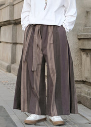 Cool Red Pockets Striped Linen Mens Wide Leg Pants Summer