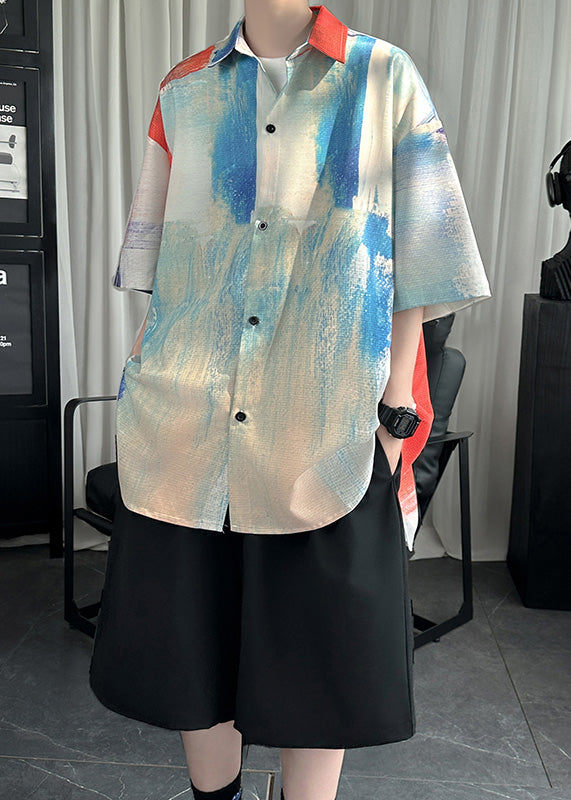 Cool White Peter Pan Collar Tie Dye Ice Silk Mens Shirt Summer