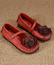 Cowhide Leather Flat Shoes For Women Red Splicing Floral Buckle Strap