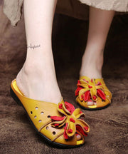 Cowhide Leather Yellow Flat Slide Sandals Splicing Hollow Out Floral