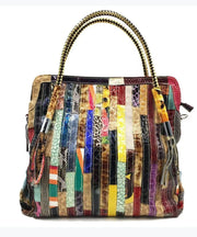 Cowhide Snake Striped Patchwork Durable Tote Handbag