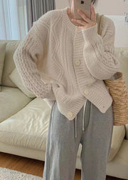 Cozy Beige O Neck Button Patchwork Cable Knit Coat Outwear Fall