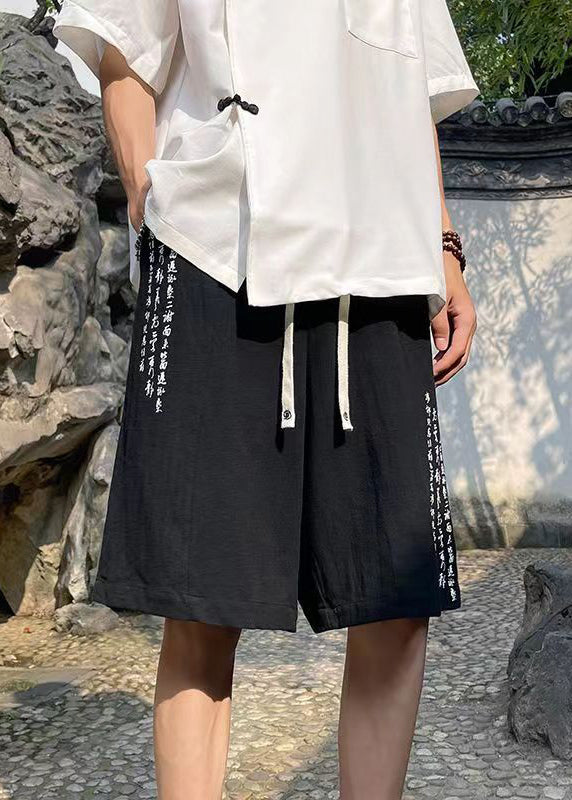 Cozy Black Print Pockets High Waist Cotton Men Beach Shorts Summer