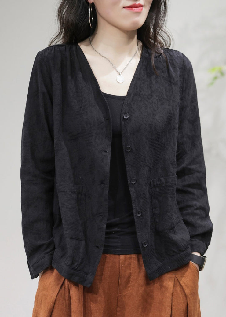 Cozy Black V Neck Button Cotton Coats Long Sleeve