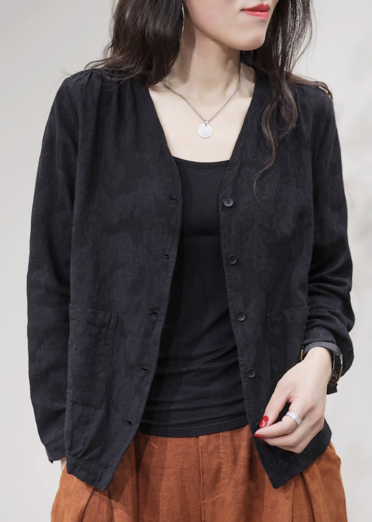 Cozy Black V Neck Button Cotton Coats Long Sleeve