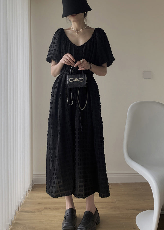 Cozy Black V Neck Patchwork Cotton Long Dresses Puff Sleeve