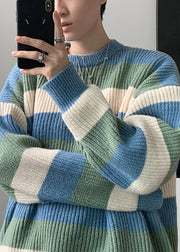 Cozy Green O Neck Striped Knit Sweater Men Fall