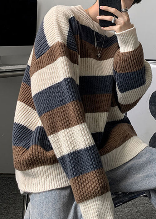 Cozy Green O Neck Striped Knit Sweater Men Fall