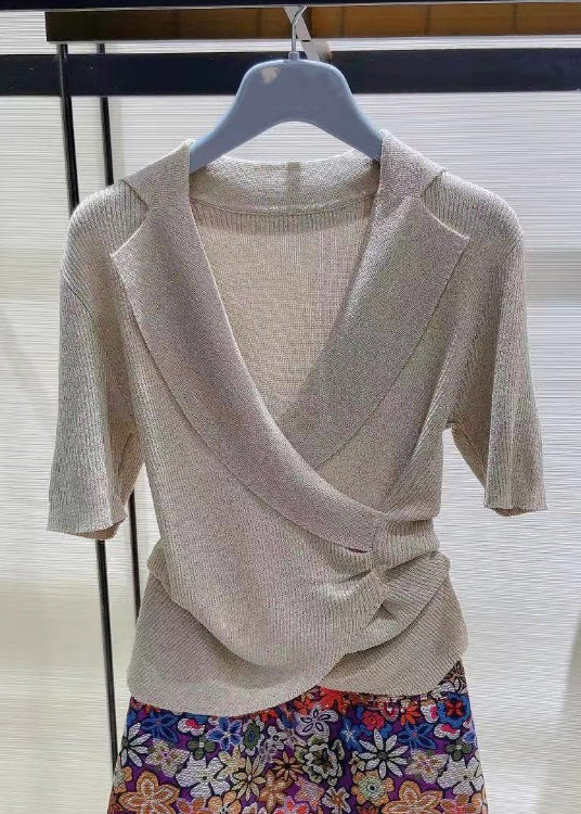 Cozy Grey Asymmetrical Solid Knit Top Short Sleeve