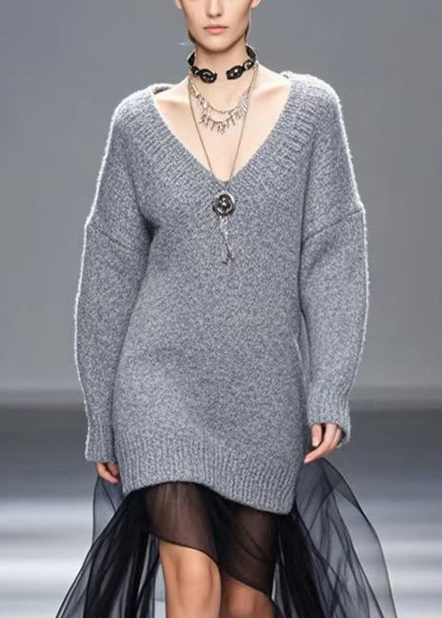 Cozy Grey Patchwork Tulle Thick Knitwear Dress Winter