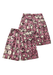 Cozy Pink Print Elastic Waist Cotton Men Beach Shorts Summer