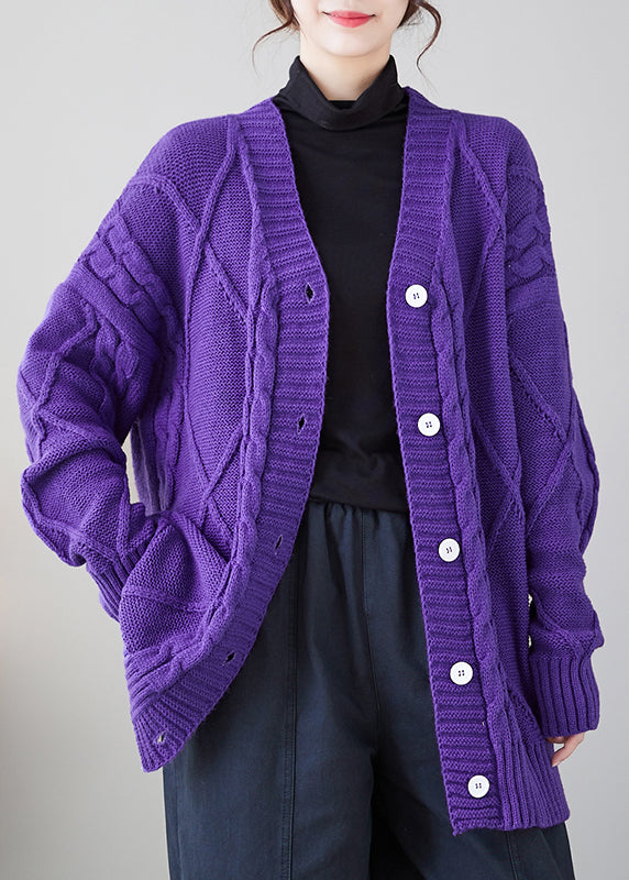 Cozy Purple V Neck Button Thick Knit Cardigan Fall