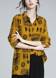 Cozy Yellow Peter Pan Collar Print Silk Shirt Top Spring