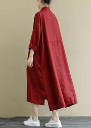 red flower Linen Shirt Dress Casual Oversize Spring Maxi Dresses