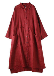 red flower Linen Shirt Dress Casual Oversize Spring Maxi Dresses