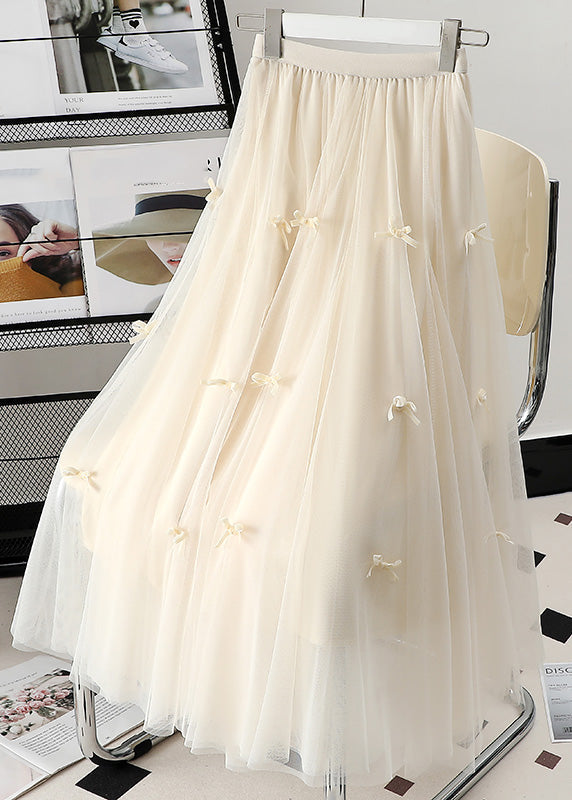 Cute Apricot Elastic Waist Bow Tulle A Line Skirts Spring