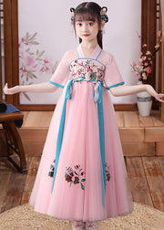 Cute Apricot Embroideried Patchwork Tulle Kids Long Dress Short Sleeve