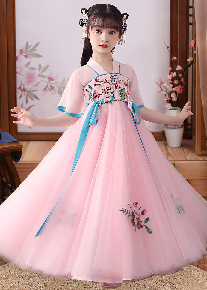 Cute Apricot Embroideried Patchwork Tulle Kids Long Dress Short Sleeve