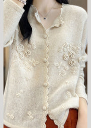 Cute Apricot Rose Floral Button Cashmere Knit Cardigans Long Sleeve