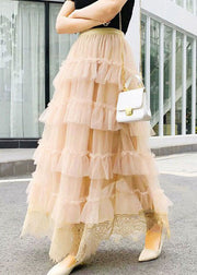 Cute Apricot Wrinkled Lace Patchwork Tulle Skirts Spring