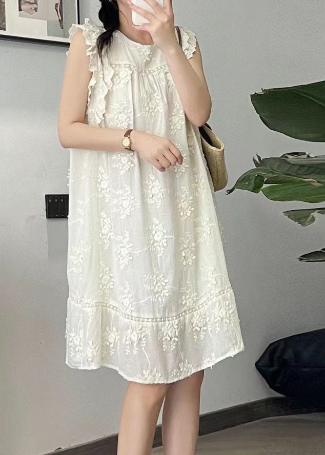 Cute Beige O-Neck Embroidered Floral Silk Cotton Mid Dress Summer