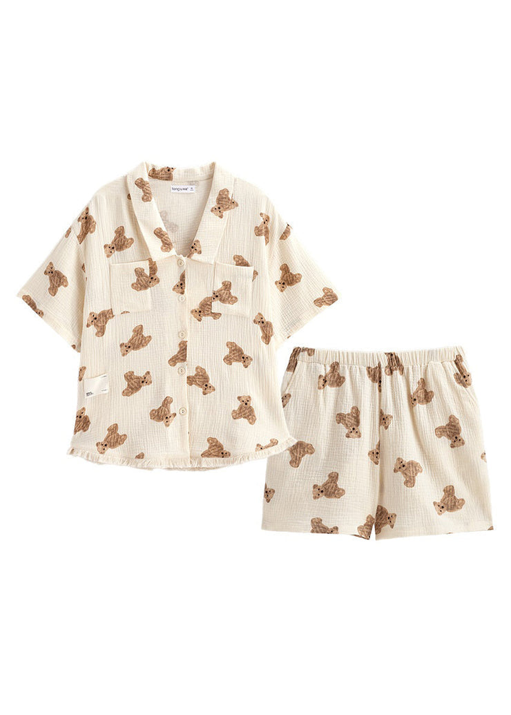 Cute Beige Peter Pan Collar Litter Bear Print Cotton Pajamas Two Pieces Set Short Sleeve