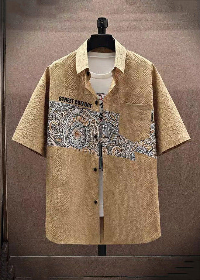 Cute Beige Peter Pan Collar Print Mens Shirt And Shorts Two Piece Set Short Sleeve