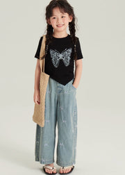 Cute Black Asymmetrical Butterfly Print Girls Top And Crop Pants Two Pieces Set Short Sleeve