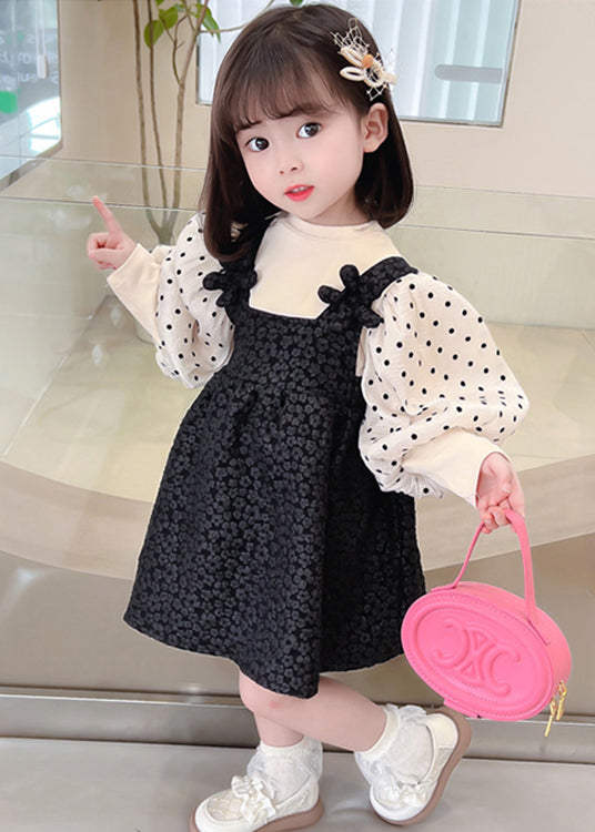 Cute Black Dot Patchwork False Two Pieces Cotton Girls Dresses Lantern Sleeve