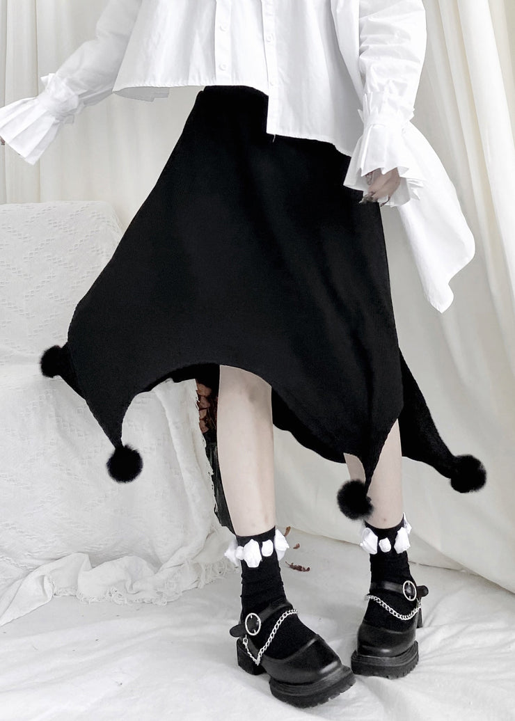 Cute Black Fuzzy Ball Decorated Asymmetrical Skirts