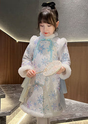 Cute Blue Fur Collar Bow Tulle Patchwork Warm Fleece Girls Long Dress Winter