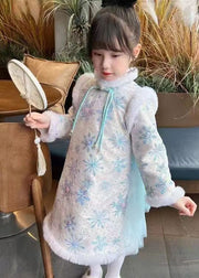 Cute Blue Fur Collar Bow Tulle Patchwork Warm Fleece Girls Long Dress Winter