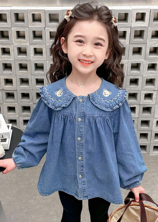 Cute Blue Peter Pan Button Collar Girls Shirt Long Sleeve