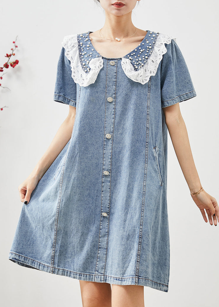 Cute Blue Peter Pan Collar Nail Bead Denim Vacation Dress Summer