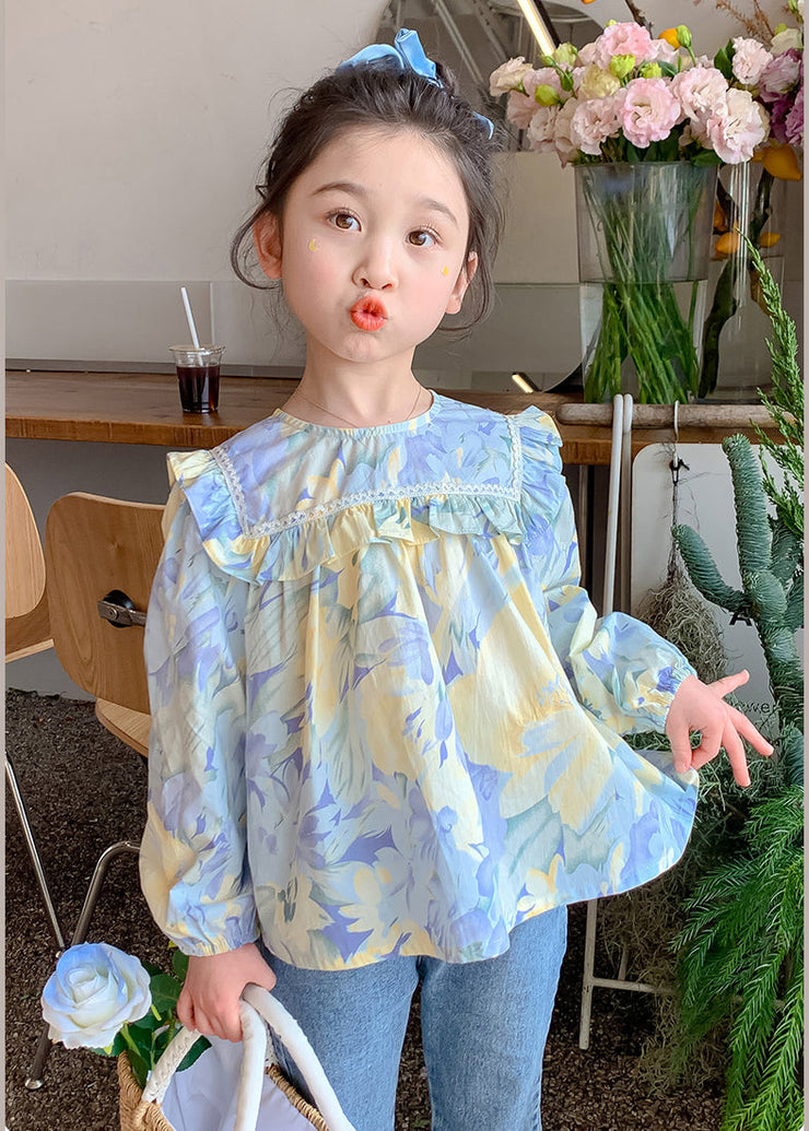 Cute Blue Ruffled Print Cotton Girls Blouses Spring