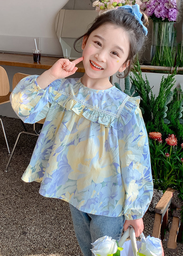 Cute Blue Ruffled Print Cotton Girls Blouses Spring