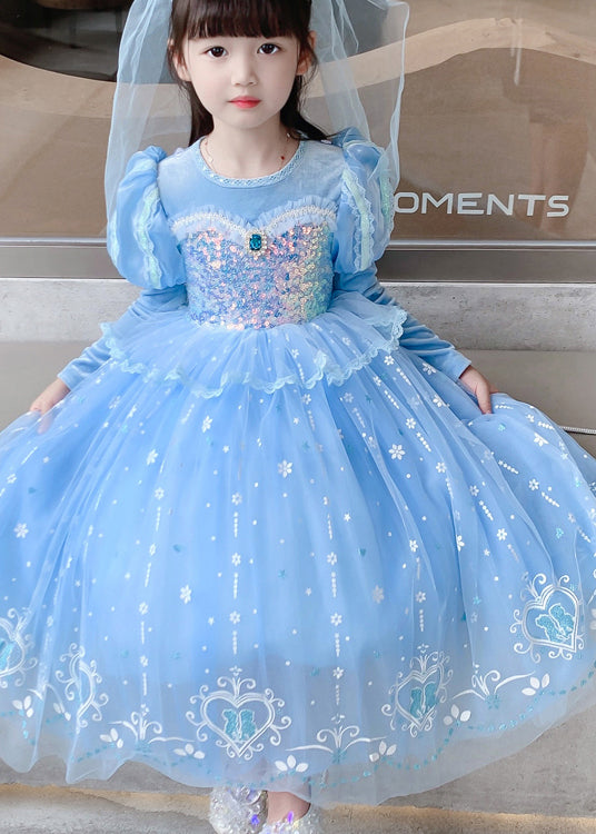 Cute Blue Ruffled Sequins Patchwork Tulle Kids Girls Princess Dresses Fall