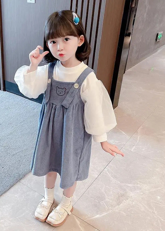 Cute Blue Slash Neck Patchwork Corduroy Girls Slip Dress And T Shirt Two Pieces Set Summer