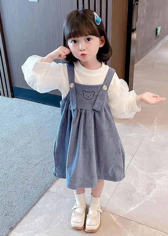 Cute Blue Slash Neck Patchwork Corduroy Girls Slip Dress And T Shirt Two Pieces Set Summer