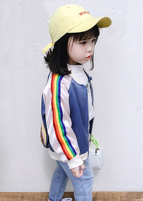 Cute Blue Zip Up Pockets Patchwork Cotton Kids Girls Coat Outwear Fall