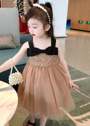 Cute Coffee Bow Wrinkled Patchwork Tulle Kids Girls Dresses Summer