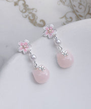 Cute Gold Sterling Silver Alloy Sakura Little Cat Drop Earrings