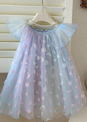 Cute Gradient Blue Sequins Wrinkled Patchwork Tulle Baby Girls Dress Summer